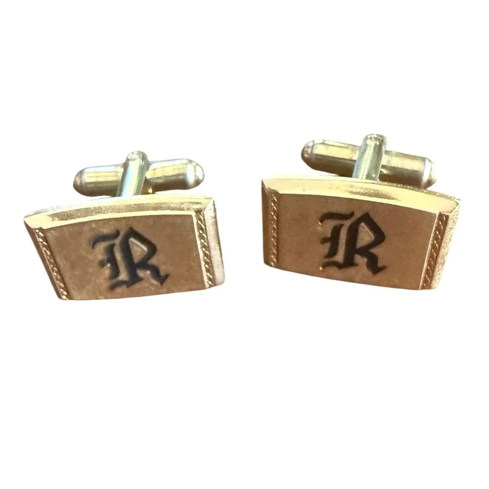Vintage Hickok Cufflinks - Gold Tone Monogram R - Old English Initial - 1970s